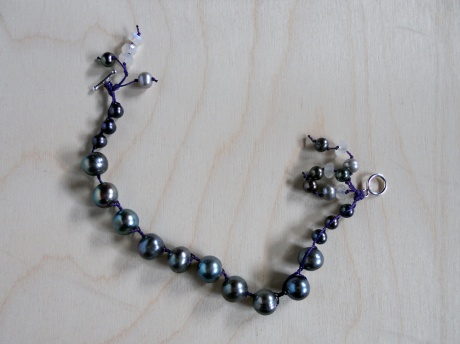 Bracelet of blue-grey pearls and moonstone. Firehorse Designs, Victoria BC.